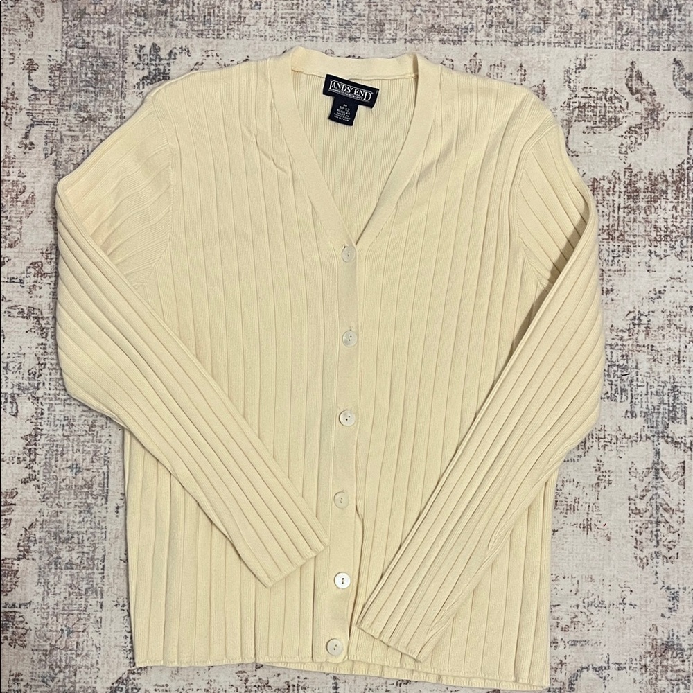 Lands end Soft Cream Ribbed V-Neck Button Cardigan